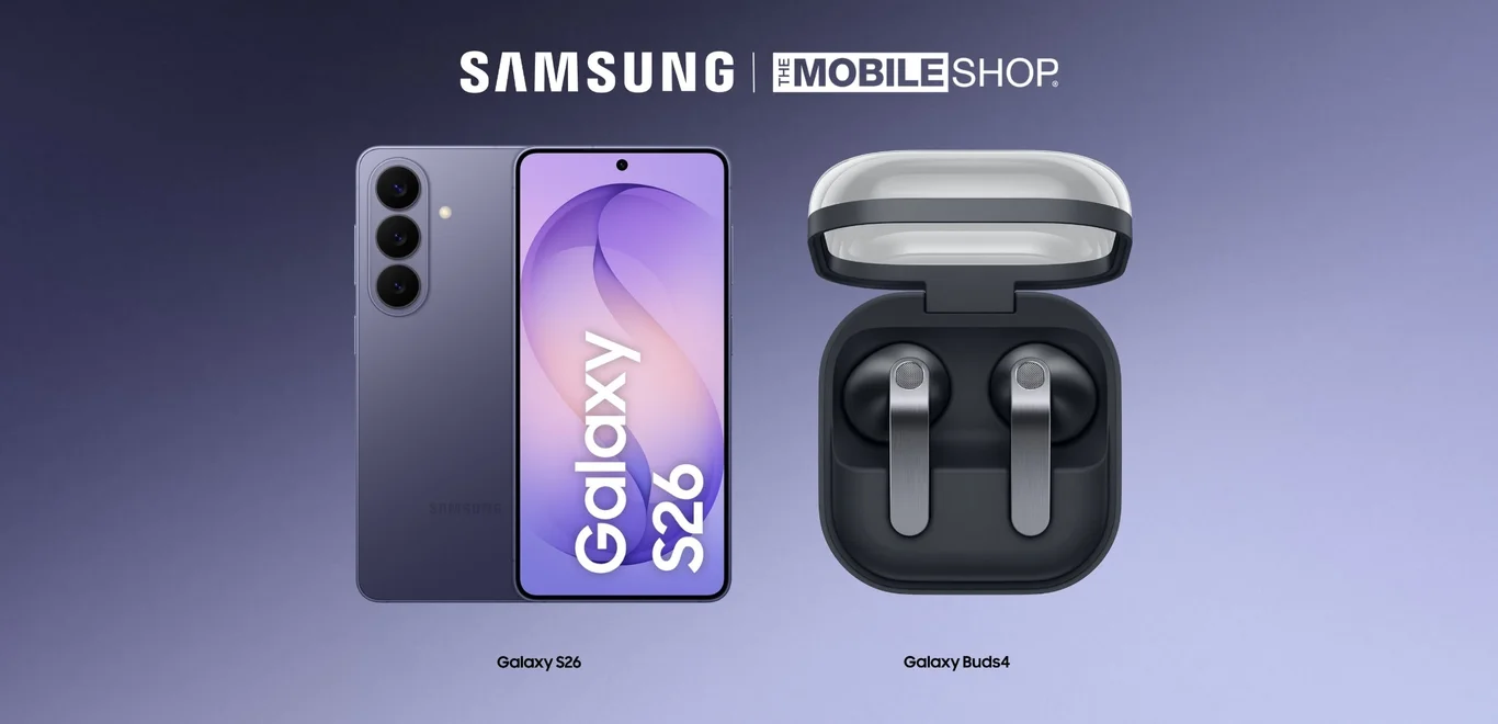 A purple Galaxy S26 phone and Black Galaxy Buds 4 are next to white Samsung logo on deep blue gradient background