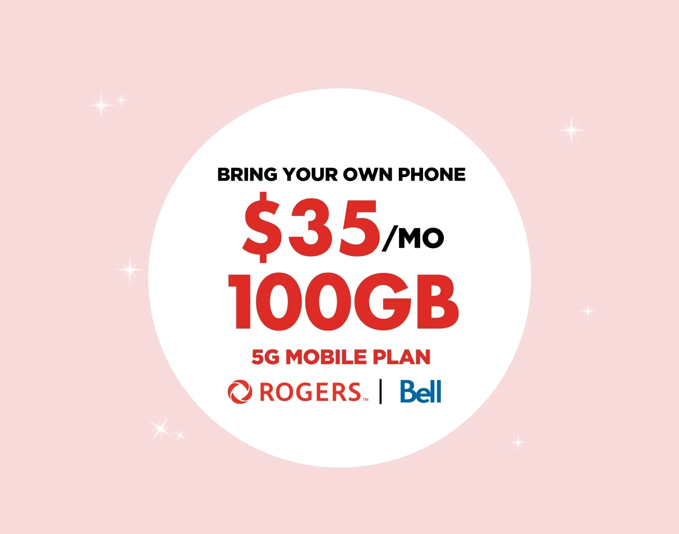 A white circle features "100GB for $35 with select carriers" on a pink background.